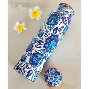 Flower Design Copper Bottle, 1000 ML, Blue & White